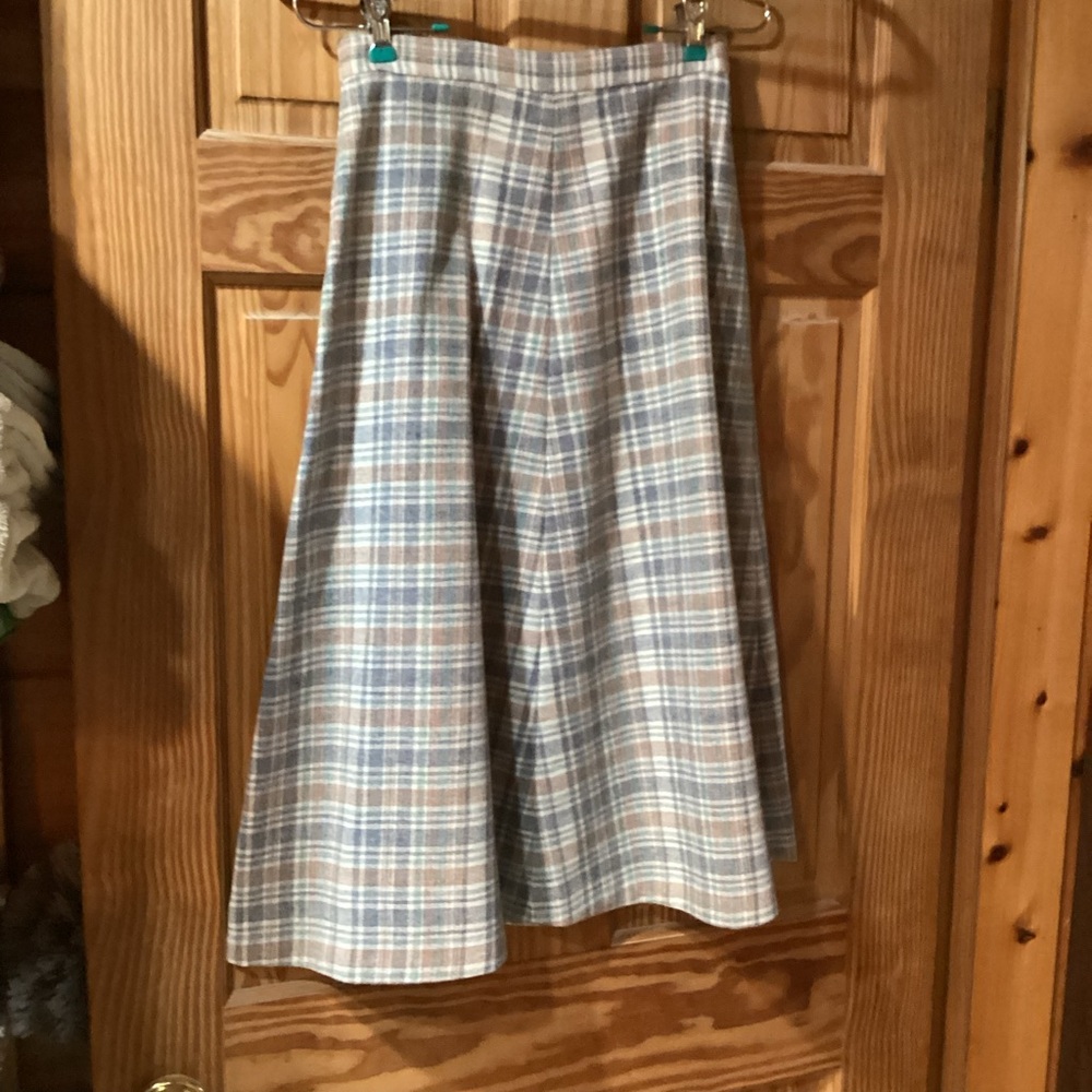 A-Line Plaid Midi Skirt in Light Blue and Tan